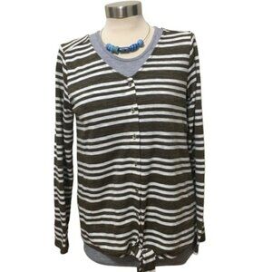 Brown & White Striped Tie Button Down Blouse